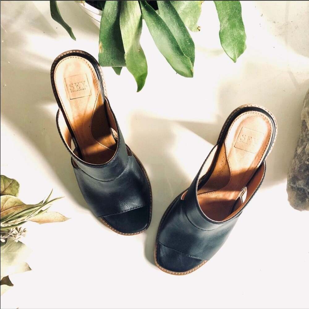 SEY Collection Black Tan Leather Mule Slide Open Toe Chunky Block Heel Shoes 9 - Picture 7 of 9